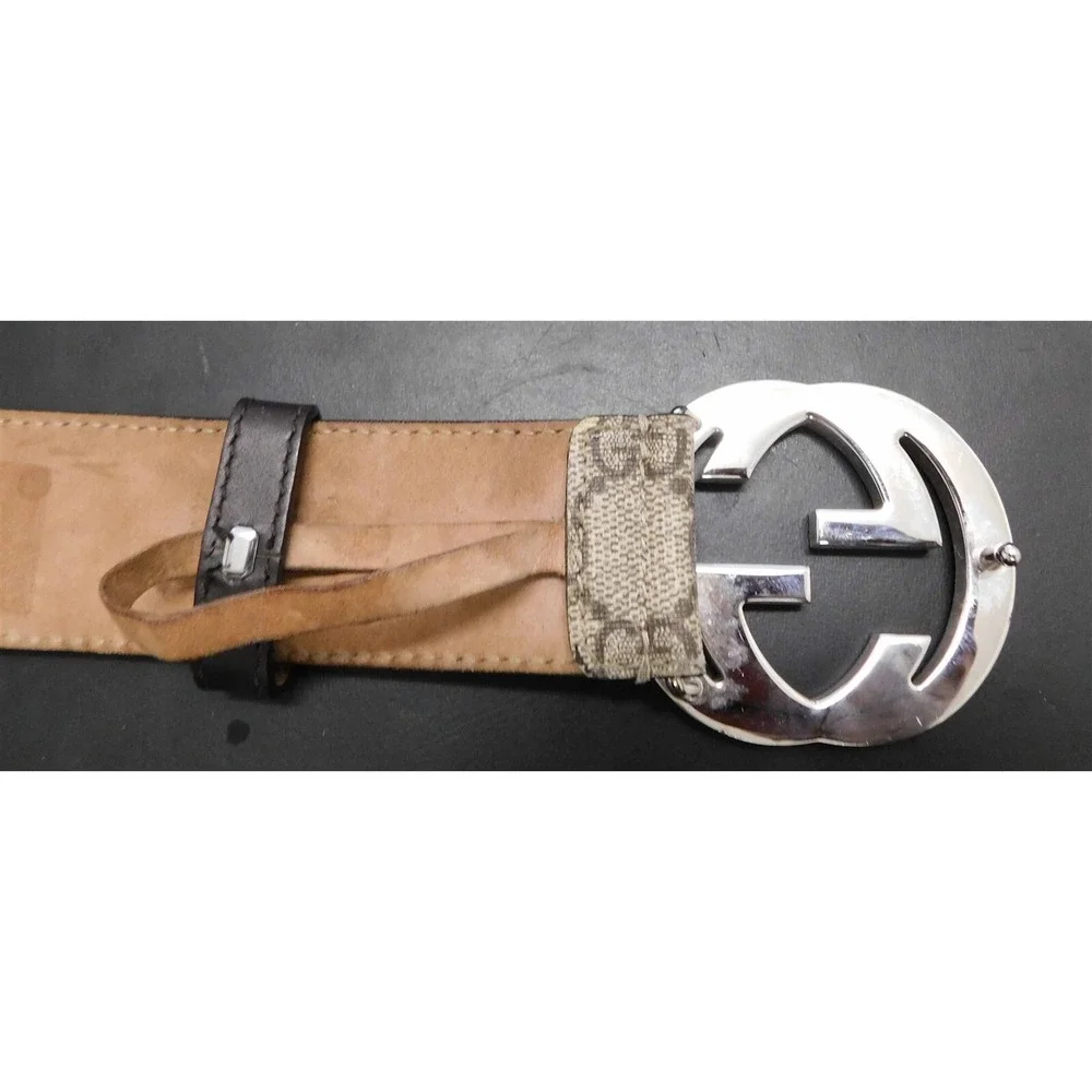 Gucci Silver GG Belt Buckle Brown Monogram‎ Canvas Leather Belt sz 40 euro 100